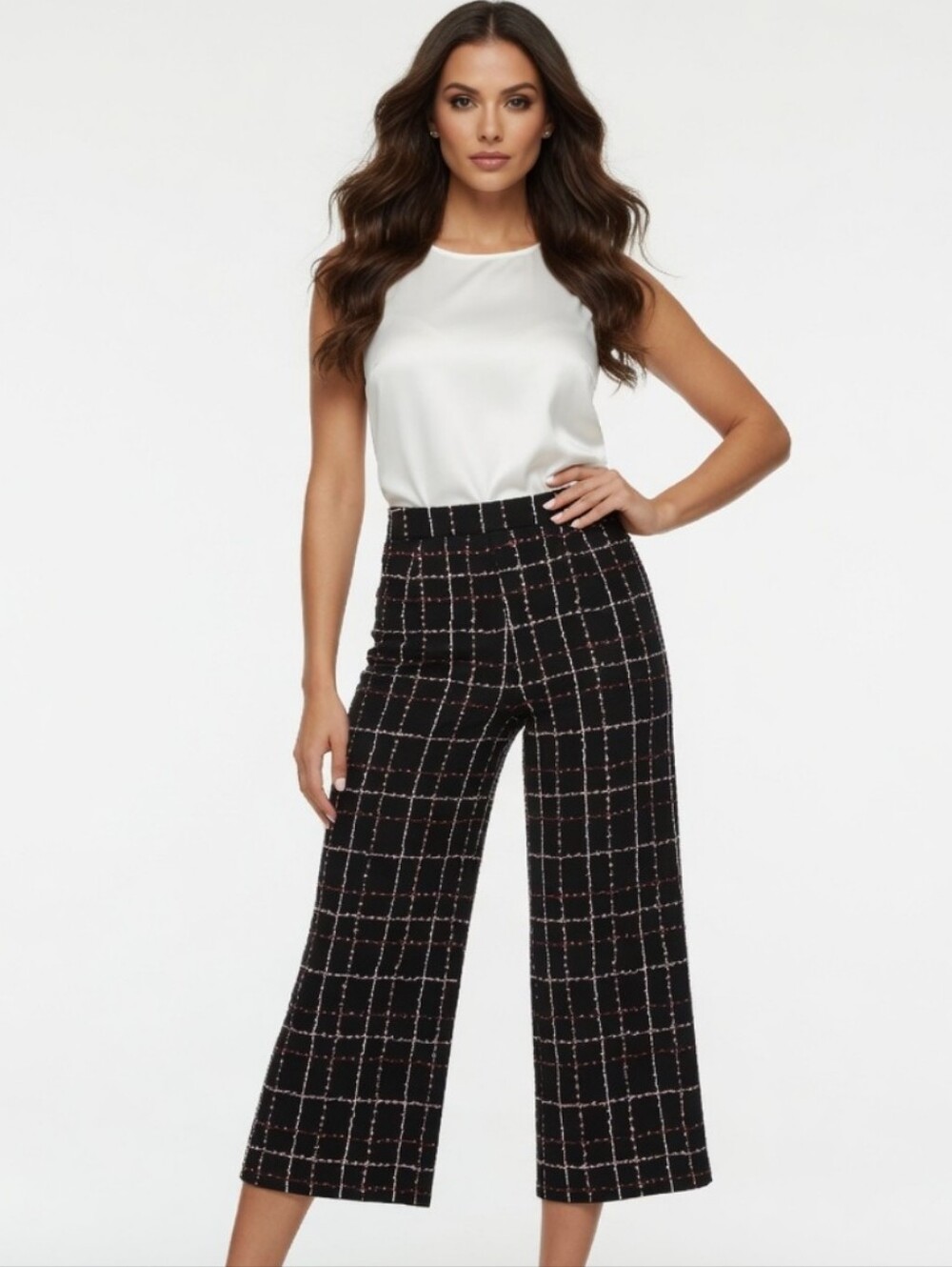 Alfani Black Windowpane Cropped Wide-Leg Pants ( Size:10p)